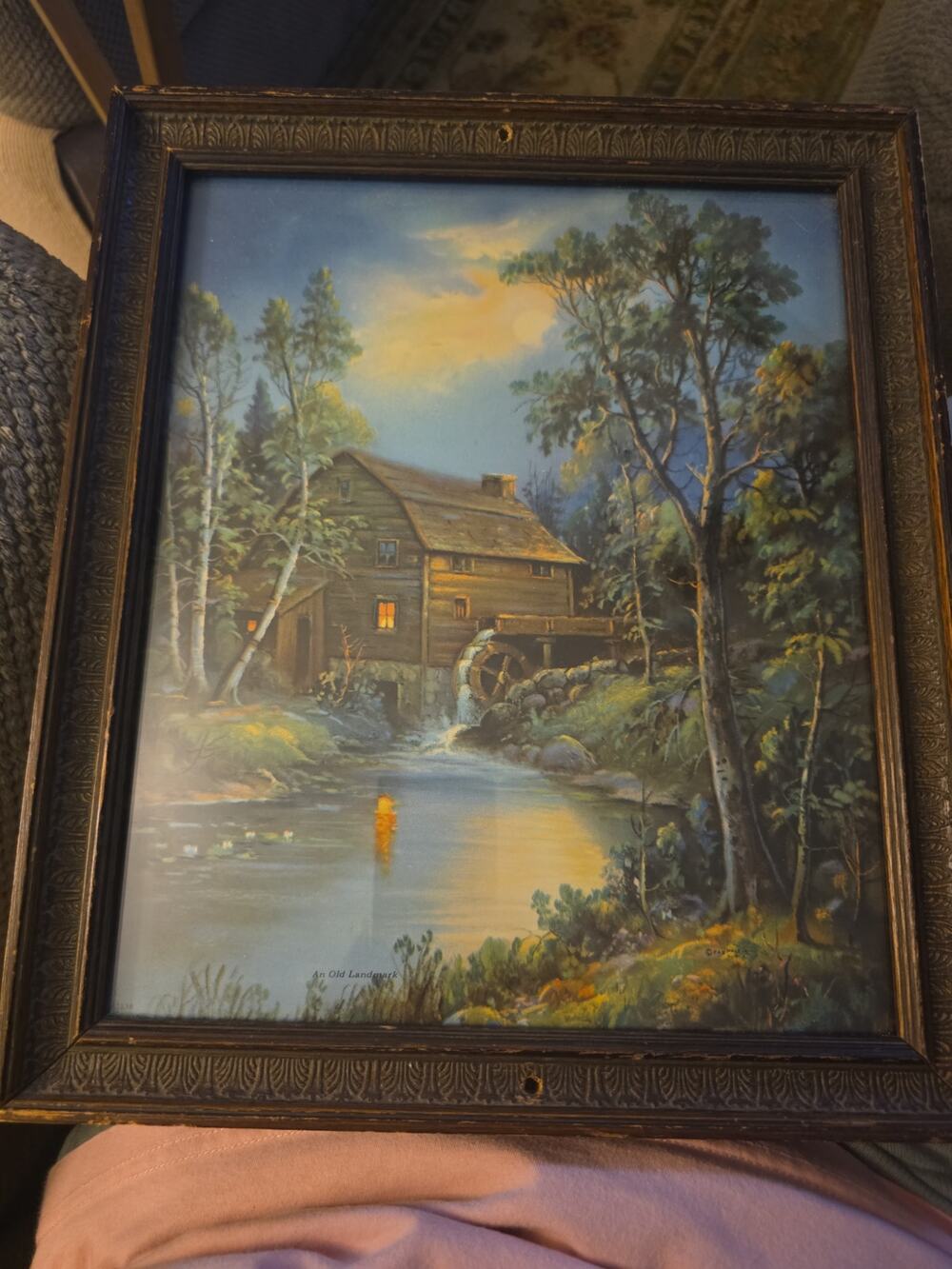 Vintage "An Old Landmark" Framed Landscape Print Watermill Cabin Rustic Wall Art